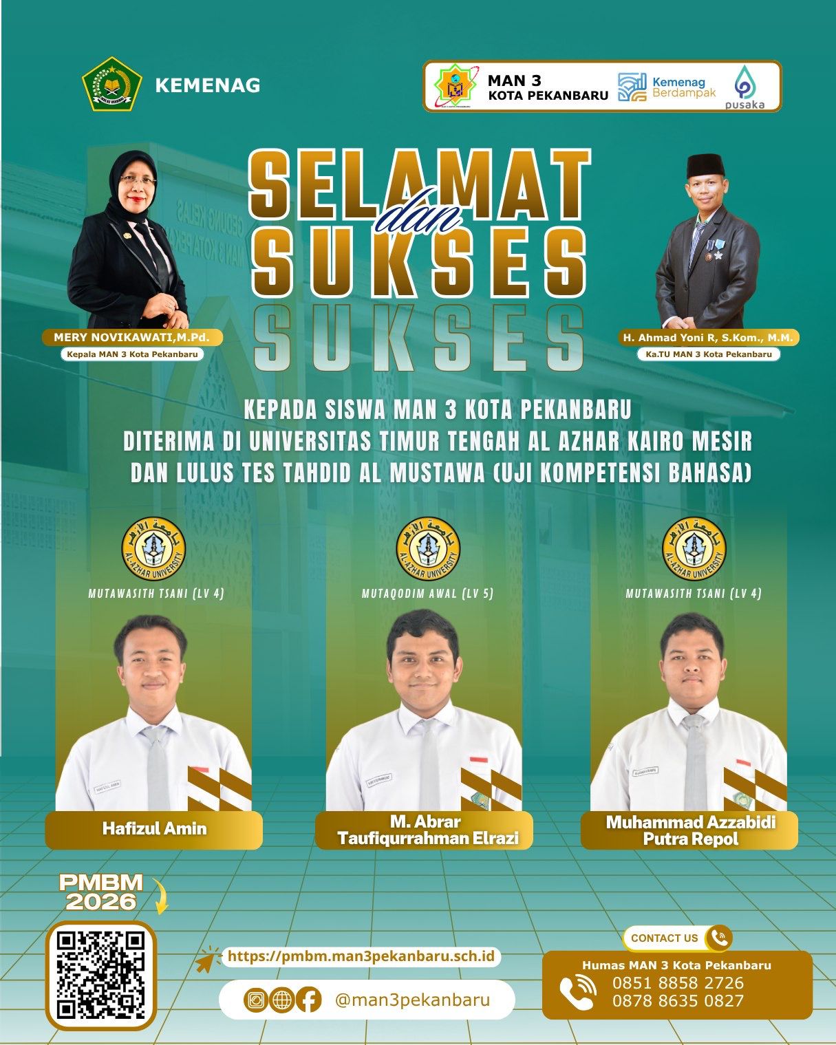 MAN 3 Kota Pekanbaru Raih Prestasi Internasional, Tiga Siswa Lolos ke Al-Azhar Kairo Mesir