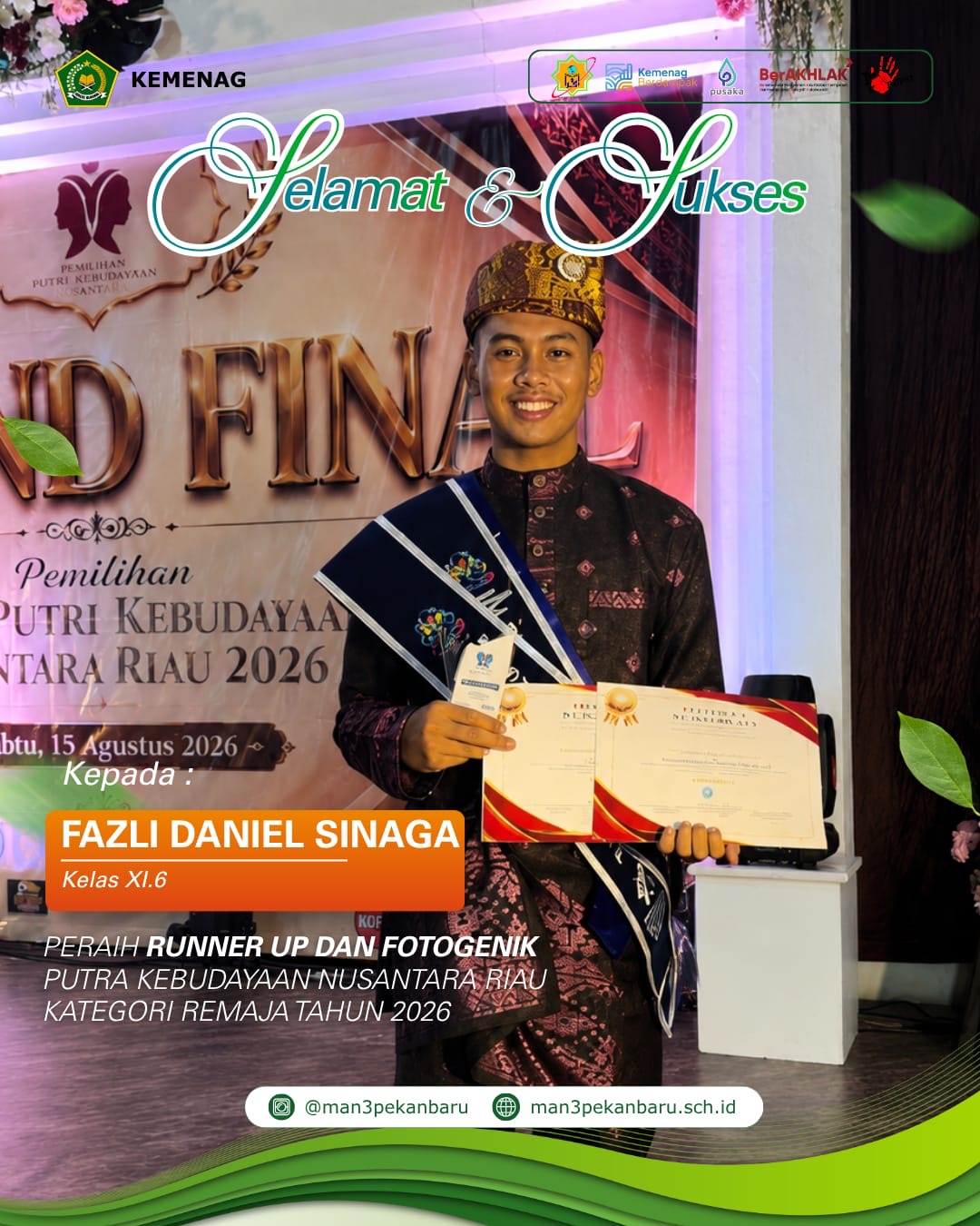 Torehkan Prestasi di Ajang Budaya, Fazli Daniel Sinaga Raih Runner Up Putra Kebudayaan Nusantara Riau