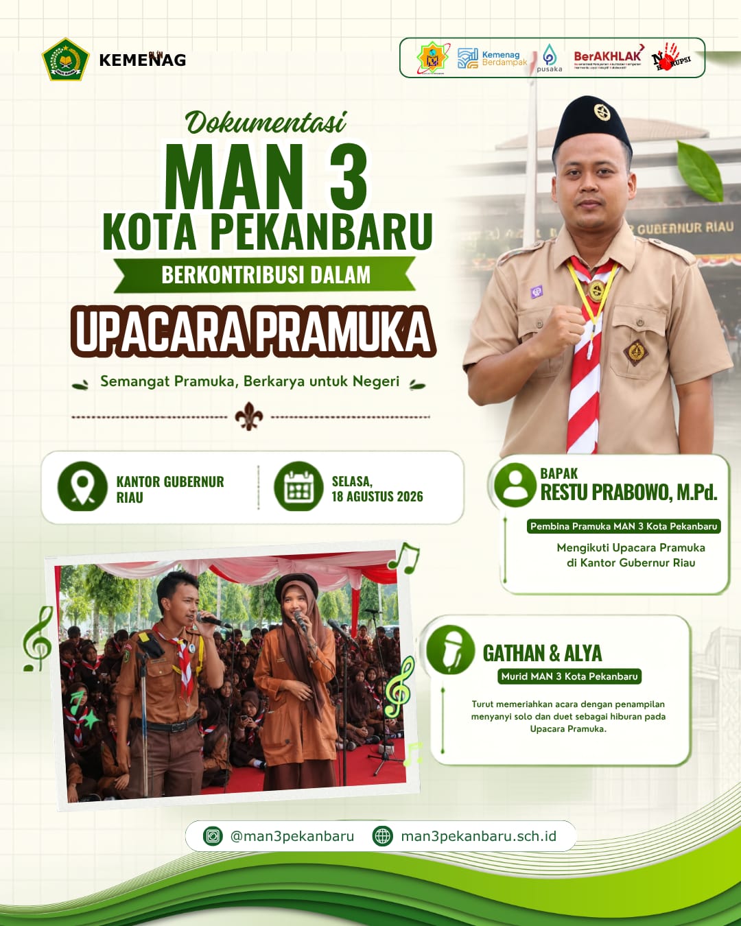 Gelorakan Semangat Pramuka, Dua Talenta Muda MAN 3 Kota Pekanbaru Tampil Nyanyi  di Kantor Gubernur Riau